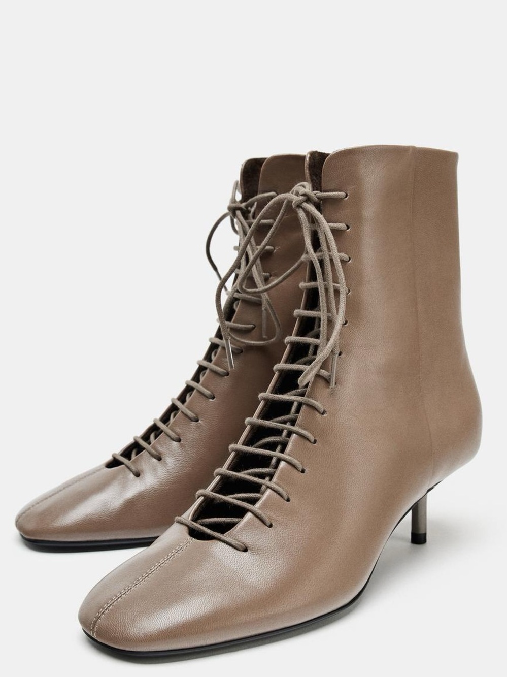 ZARA Leather Lace-Up Kitten Heel Ankle Boots Taupe Size 8 NWT